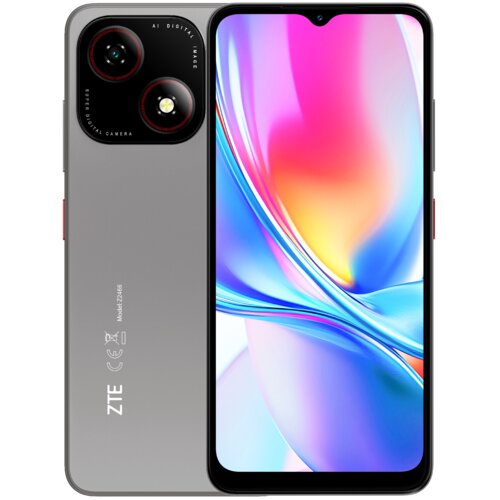 Szary smartfon z dużym wyświetlaczem, na którym widoczna jest kolorowa grafika. Na obudowie znajduje się napis "ZTE" oraz oznaczenia modelu i certyfikaty.