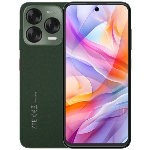Na zdjęciu widoczny jest zielony smartfon z dużym ekranem, na którym wyświetlany jest kolorowy, abstrakcyjny wzór. Na tylnej obudowie znajdują się trzy aparaty fotograficzne oraz napisy: "50MP AI Camera" i "ZTE CE Model: ZTE 248".