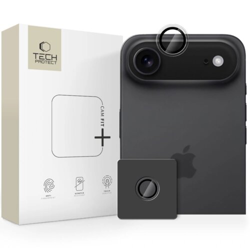 Pudełko z napisem "TECH PROTECT" i "CAM FIT+" znajduje się obok czarnego telefonu z nakładką na obiektyw. Na pudełku widoczne są ikony z podpisami: "ANTI FINGERPRINT", "SCRATCH RESISTANT", "TOUCH SENSITIVITY".