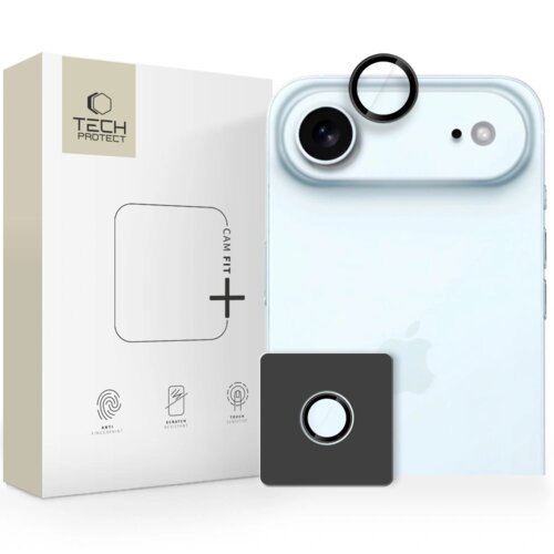 Na zdjęciu znajduje się opakowanie produktu z logo "TECH PROTECT" oraz telefon z nałożoną czarną nakładką na obiektyw. Na opakowaniu widoczne są ikony z napisami: "ANTI FINGERPRINT", "SCRATCH RESISTANT", "TOUCH SENSITIVE".