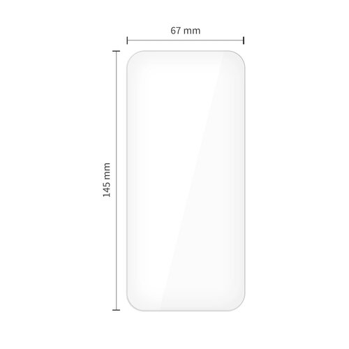 Na zdjęciu widoczne jest prostokątne szkło hartowane z zaokrąglonymi rogami, o wymiarach 145 mm na 67 mm. Produkt jest przeznaczony do Apple iPhone 16 Pro/17 Pro i zawiera dwie sztuki oraz nakładkę na obiektyw.