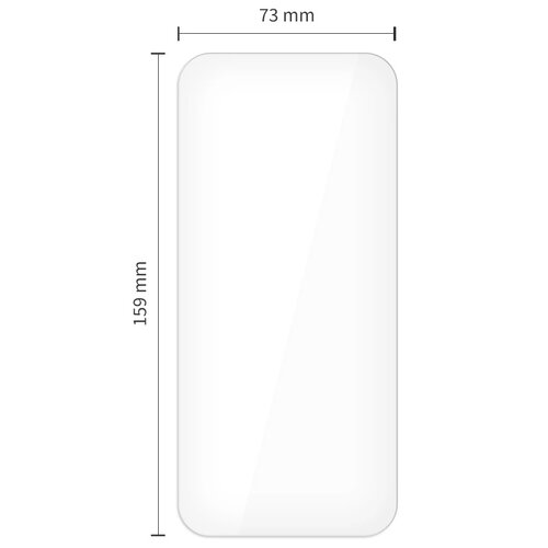 Obraz przedstawia prostokątny kształt symbolizujący szkło hartowane o wymiarach 73 mm na 159 mm. Produkt jest przeznaczony do Apple iPhone 16 Pro Max/17 Pro Max.