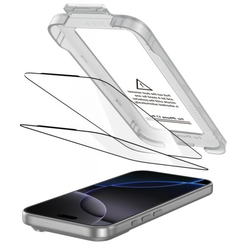 Na zdjęciu widoczne jest szkło hartowane TECH-PROTECT Quick Set+ do Apple iPhone 17 Pro Max, składające się z dwóch przezroczystych warstw oraz plastikowej ramki montażowej. Na ramce znajduje się tekst: "For iPhone 17 Pro Max".