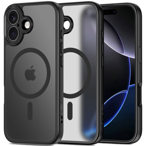 Na zdjęciu widoczne są trzy czarne etui na telefon z okrągłym wzorem i logo w kształcie jabłka, przeznaczone do modelu iPhone 17. Etui mają wycięcia na aparat i przyciski, a na jednym z nich widnieje napis "TECH-PROTECT".
