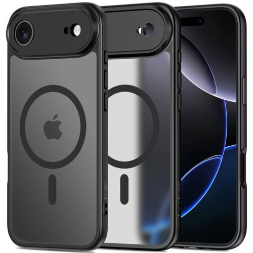 Czarne, matowe etui TECH-PROTECT Basicmag MagSafe do Apple iPhone 17 Air jest przedstawione z przodu i z tyłu, z widocznym okrągłym wzorem MagSafe oraz logo Apple. Na etui znajdują się przyciski boczne oraz wycięcia na aparat i porty.