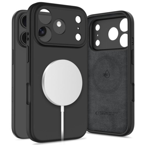 Czarne etui TECH-PROTECT Silicone MagSafe do Apple iPhone 17 Pro Max, z widocznym okrągłym miejscem na magnes MagSafe oraz wycięciami na aparat i przyciski. Wnętrze etui ma teksturę z logo i napisem "TECH PROTECT Designed in EU".