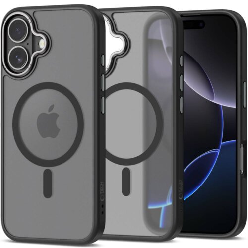 Czarno-szare etui TECH-PROTECT MagEdge MagSafe do Apple iPhone 17, z przezroczystym tyłem i widocznym okręgiem MagSafe, obok telefonu z wyświetlaczem pokazującym abstrakcyjny wzór. Na etui widoczne jest logo Apple oraz napis "TECH-PROTECT".