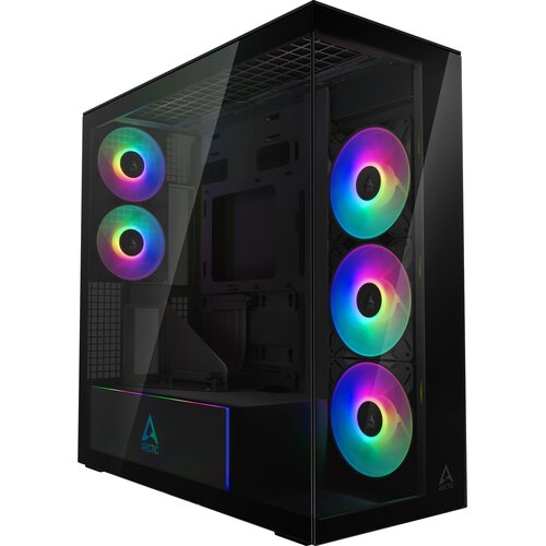 Czarna, lustrzana obudowa komputerowa z pięcioma wentylatorami RGB, z których trzy są umieszczone pionowo z przodu, a dwa poziomo na górze. Na dolnej części obudowy widoczne jest logo "ARCTIC".