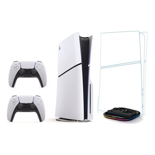 Konsola SONY PlayStation 5 Slim + 2 Kontrolery SONY DualSense Biały + Podstawka MAD DOG GPS100K Czarny do konsoli PlayStation 5/PS5 Slim