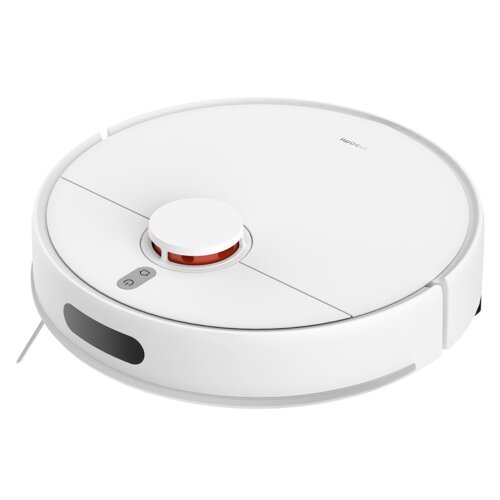 Biały robot sprzątający o okrągłym kształcie z widocznym logo "Xiaomi" na górnej powierzchni oraz dwoma przyciskami obok wystającego elementu nawigacyjnego. Na bocznej krawędzi znajduje się czujnik w ciemnym kolorze.