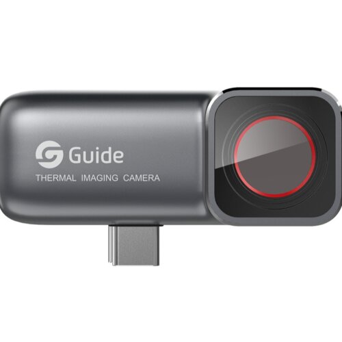 Szara kamera termowizyjna z napisem "Guide THERMAL IMAGING CAMERA" oraz widocznym obiektywem z czerwonym akcentem. Urządzenie posiada złącze USB-C.