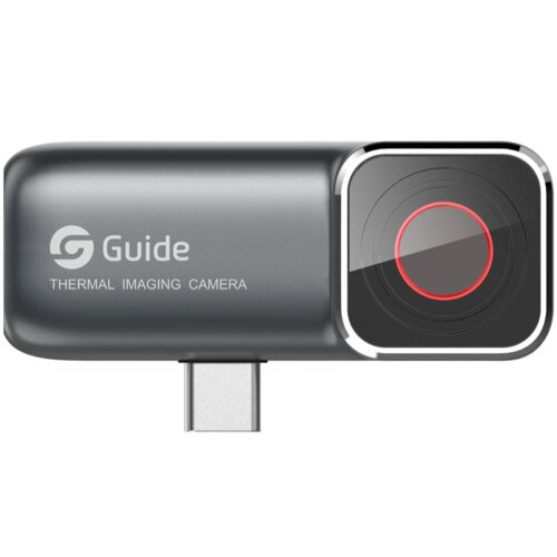 Szara kamera termowizyjna z logo "Guide" oraz napisem "THERMAL IMAGING CAMERA", posiada złącze USB-C i okrągły obiektyw z czerwonym akcentem.