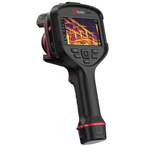 Czarna kamera termowizyjna z wyświetlaczem LCD, na którym widoczny jest obraz w kolorach termicznych. Na obudowie znajduje się logo "Guide" oraz kilka przycisków funkcyjnych.