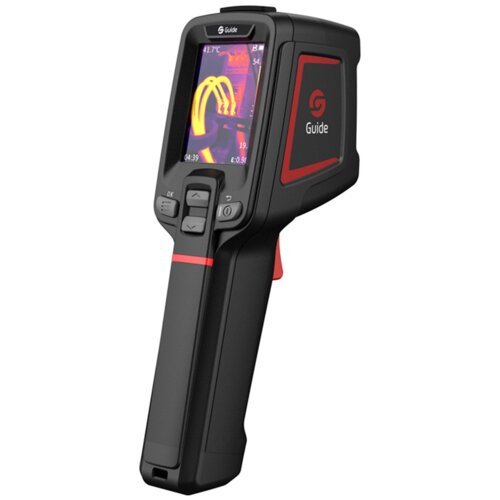 Kamera termowizyjna z wyświetlaczem LCD pokazującym kolorowy obraz termiczny, z widocznymi przyciskami sterującymi poniżej ekranu. Na obudowie znajduje się logo "Guide".
