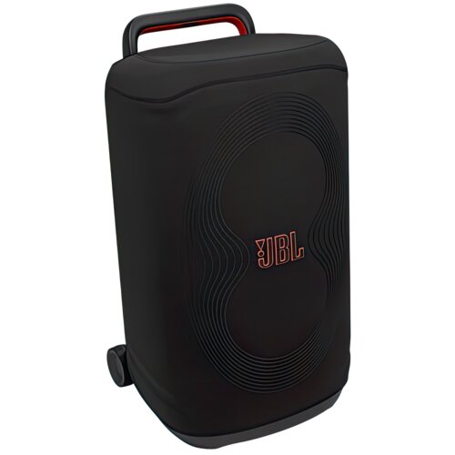 Czarne etui na głośnik z wyraźnym logo "JBL" w kolorze czerwonym, posiada uchwyt i kółka ułatwiające transport. Na powierzchni etui widoczne są delikatne, faliste wzory.