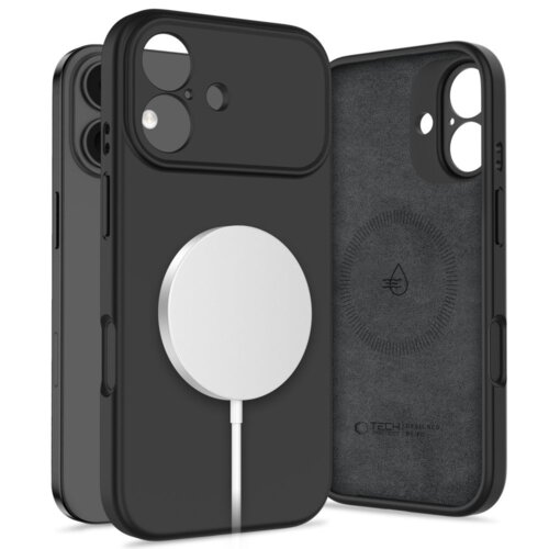 Czarne etui TECH-PROTECT Silicone MagSafe do Apple iPhone 17 z okrągłym, białym elementem MagSafe na tylnej części, widoczne z przodu i z tyłu. Wnętrze etui ma teksturę z logo TECH-PROTECT i napisem "DESIGNED BY FP".
