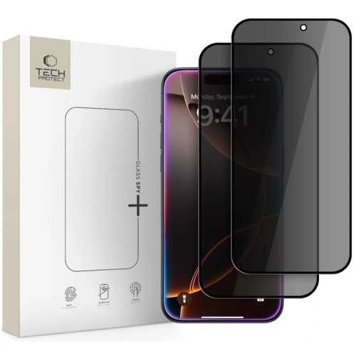 Na zdjęciu znajduje się opakowanie z logo "TECH PROTECT" oraz dwie sztuki szkła prywatyzującego, przeznaczonego do telefonu Apple iPhone 16 Pro/17/17 Pro. Na opakowaniu widoczne są ikony z napisami: "ANTI FINGERPRINT", "SCRATCH RESISTANT", "TOUCH SENSITIV