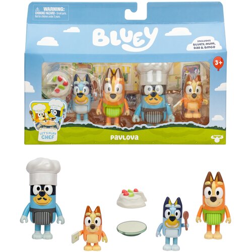 Opakowanie zawiera zestaw figurek z serii "Bluey" o nazwie "Czas na deser", w tym cztery postacie oraz akcesoria kuchenne. Na opakowaniu widnieje napis "Bluey", ostrzeżenie o małych elementach oraz informacja o zawartości zestawu, a także ilustracja z nap