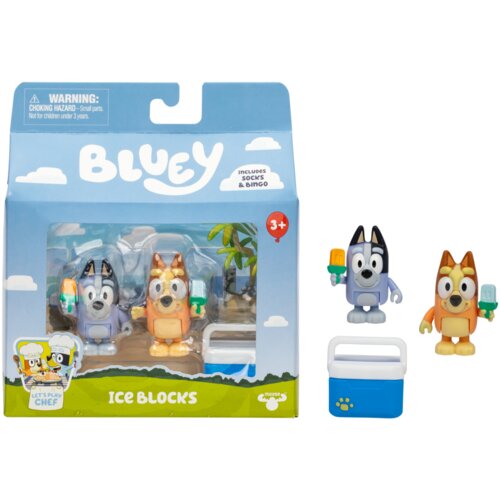 Opakowanie zestawu figurek "Bluey" z napisem "Ice Blocks" zawiera dwie figurki trzymające lody oraz małą lodówkę, a na opakowaniu widnieje ostrzeżenie: "WARNING: CHOKING HAZARD - Small parts. Not for children under 3 years." oraz informacja "INCLUDES SOCK