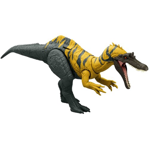 Na zdjęciu znajduje się figurka dinozaura o nazwie "Figurka JURASSIC WORLD Groźny ryk Ceratosuchops Dinozaur JCL66". Figurka ma żółto-czarne paski na grzbiecie, otwartą paszczę z widocznymi zębami i szczegółowo odwzorowaną teksturę skóry.