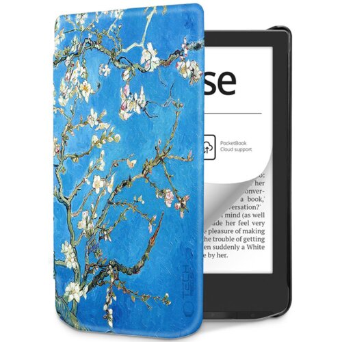 Etui na czytnik e-booków z motywem kwitnącej gałęzi na niebieskim tle, obok widoczny fragment ekranu z tekstem "PocketBook Cloud support". Na etui znajduje się logo "TECH-PROTECT".