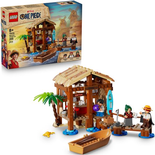 Zestaw LEGO przedstawia chatkę w wiosce z palmą, łódką i trzema figurkami, a na opakowaniu widnieje napis "LEGO One Piece". Zestaw zawiera 209 elementów i jest przeznaczony dla osób od 8 roku życia.