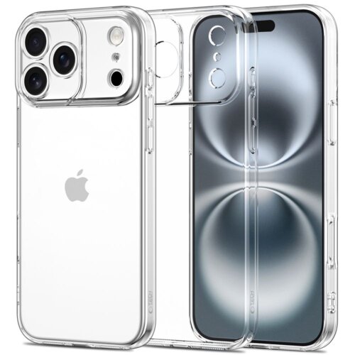 Przezroczyste etui TECH-PROTECT FlexAir do Apple iPhone 17 Pro, ukazane z przodu i z tyłu, z widocznymi wycięciami na aparat i przyciski. Na etui znajduje się logo producenta w dolnej części.