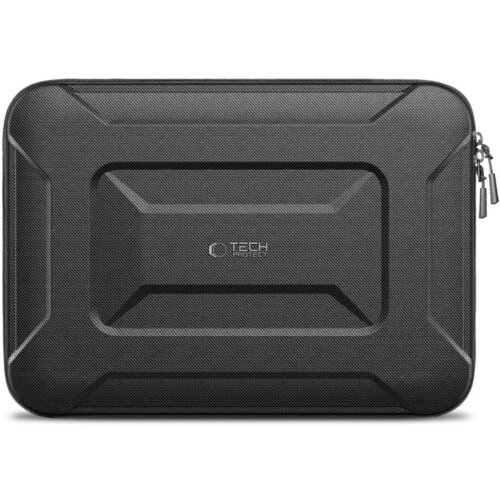Czarne etui na laptopa z teksturą, posiada geometryczne wzory na powierzchni oraz zamek błyskawiczny z dwoma suwakami. Na środku widoczne jest logo "TECH PROTECT".