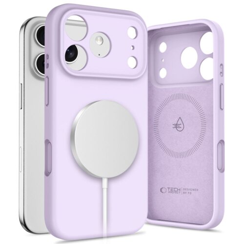 Liliowe etui TECH-PROTECT Silicone MagSafe do Apple iPhone 17 Pro jest pokazane z przodu i z tyłu, z widocznym okrągłym miejscem na magnes MagSafe oraz wycięciami na aparat. Wewnątrz etui znajduje się symbol kropli wody oraz napis "TECH PROTECT | DESIGNED