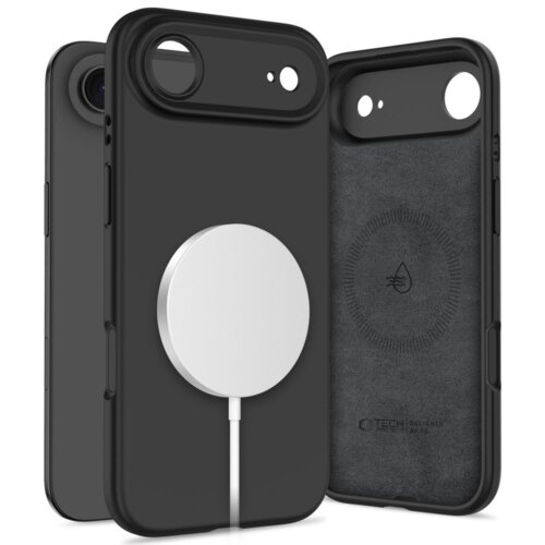 Czarne etui na telefon z okrągłym, białym elementem MagSafe, widoczne z przodu i z tyłu, z wewnętrznym materiałem z logo "TECH PROTECT DESIGN IN EU".