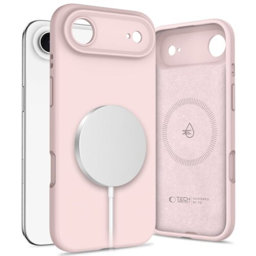 Różowe etui TECH-PROTECT Silicone MagSafe do Apple iPhone 17 Air jest pokazane z przodu i z tyłu, z widocznym okrągłym miejscem na MagSafe oraz logo "TECH PROTECT DESIGNED BY FD" wewnątrz. Wnętrze etui ma delikatną teksturę z nadrukiem kropli wody otoczon