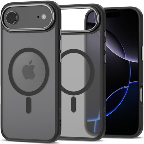Czarno-szare etui TECH-PROTECT MagEdge MagSafe do Apple iPhone 17 Air, z widocznym okrągłym wzorem na tylnej części, obok telefonu z wyświetlaczem pokazującym abstrakcyjny wzór. Na etui znajduje się logo Apple oraz napis "TECH".