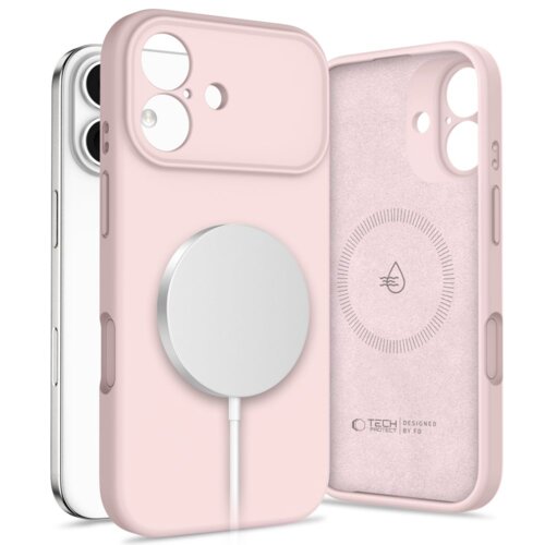 Różowe etui silikonowe z funkcją MagSafe, przeznaczone do telefonu Apple iPhone 17, z widocznym okrągłym elementem magnetycznym. Wewnątrz etui znajduje się logo "TECH-PROTECT" oraz napis "DESIGNED BY FQ".