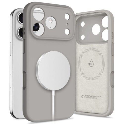 Na zdjęciu widoczne jest szare etui na telefon z okrągłym, białym elementem MagSafe oraz otworami na aparat. Wewnątrz etui znajduje się logo "TECH-PROTECT" oraz napis "DESIGNED BY FD" z symbolem kropli wody otoczonym okręgiem.