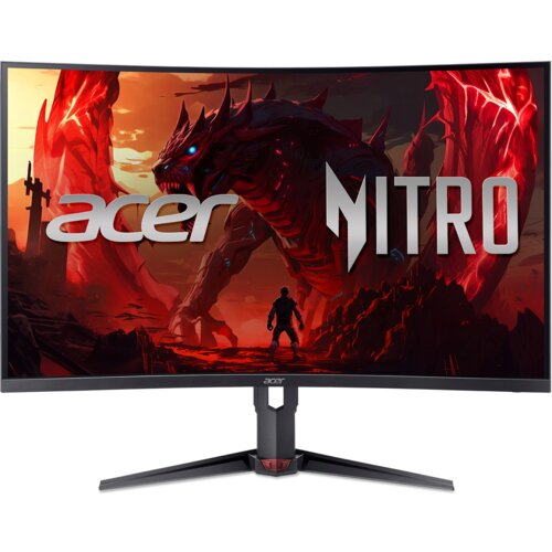 Zakrwiony monitor z zakrzywionym ekranem wyświetla grafikę z czerwonym smokiem i postacią na tle ognistego krajobrazu. Na ekranie widoczne są duże napisy "acer" i "NITRO".