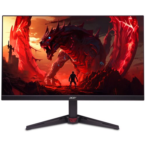 Przedstawiony jest monitor z wyświetlanym obrazem przedstawiającym postać stojącą naprzeciwko dużego, czerwonego smoka w dynamicznej scenerii. Na dolnej ramce monitora widoczne jest logo "acer".
