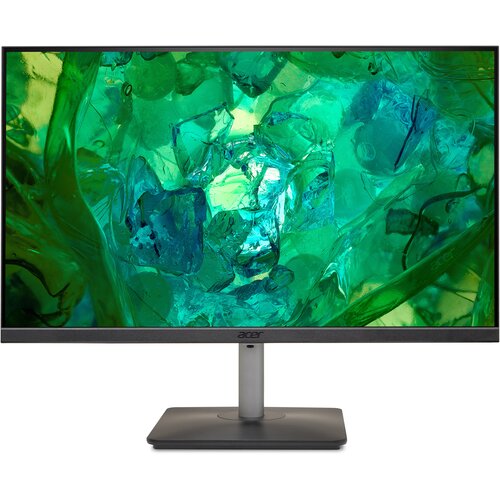 Monitor z wyświetlaczem o przekątnej 23,8 cala pokazuje abstrakcyjny obraz w odcieniach zieleni i niebieskiego. Na dolnej ramce widoczne jest logo "acer".