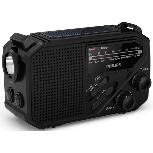 Czarne, przenośne radio analogowe z widocznym logo "PHILIPS" oraz skalą częstotliwości FM i AM. Na obudowie znajdują się pokrętła do regulacji głośności i strojenia, a także przyciski i przełączniki z oznaczeniami: "Tune", "Charge", "CHG OUT", "Li-ion Bat