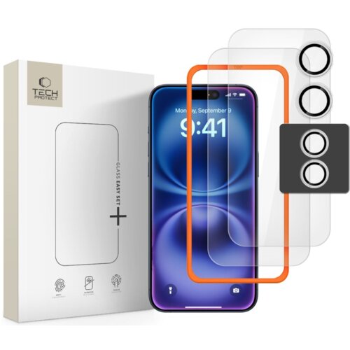 Opakowanie produktu z logo "TECH-PROTECT" zawiera szkło hartowane i nakładkę na obiektyw do telefonu. Obok opakowania widoczny jest telefon z wyświetlaczem oraz dwa arkusze szkła i nakładka na obiektyw.