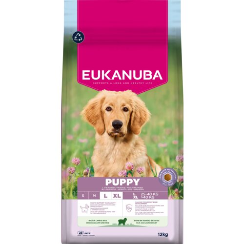 Opakowanie karmy dla psa marki EUKANUBA z wizerunkiem szczeniaka na tle zielonej łąki z kwiatami. Na opakowaniu widnieje napis: "PUPPY 1-12 MONTHS, 12 kg", oraz informacje o składzie i zaleceniach dotyczących wagi psa.