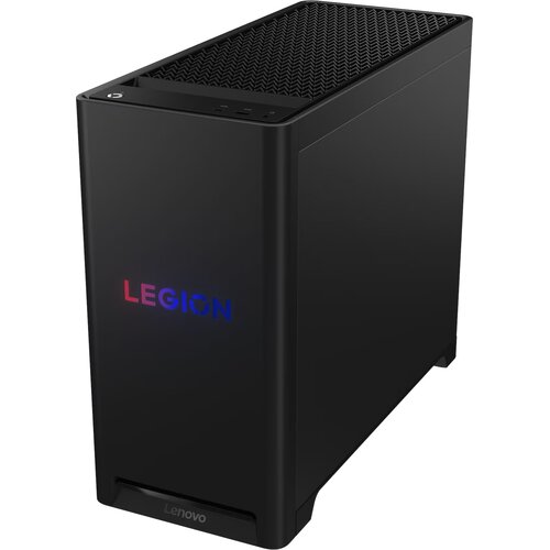 Czarny komputer stacjonarny z podświetlanym napisem "LEGION" na przednim panelu oraz logo "Lenovo" na dolnej części obudowy. Górna część obudowy ma perforowaną powierzchnię.