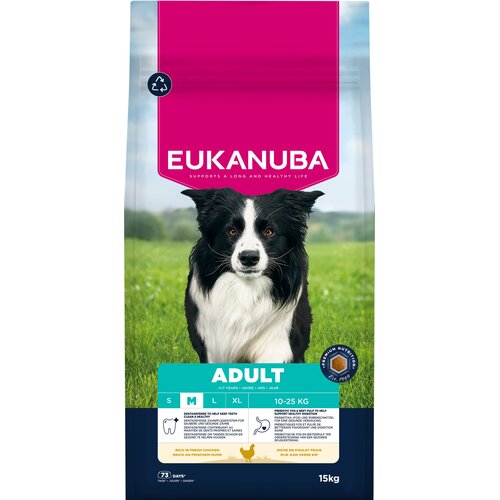 Opakowanie karmy dla psa z widocznym napisem "EUKANUBA" oraz hasłem "SUPPORTS A LONG AND HEALTHY LIFE". Na dole opakowania znajduje się informacja "ADULT 1+ YEARS 10-25 KG" oraz ikona kurczaka z napisem "RICH IN FRESH CHICKEN".