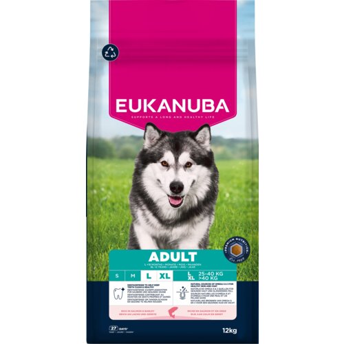 Opakowanie karmy dla psa marki EUKANUBA z wizerunkiem psa na tle zielonej trawy i nieba, z dużym napisem "ADULT" oraz informacjami o przeznaczeniu dla dużych ras. Widoczna jest także informacja o wadze 12 kg i składnikach odżywczych, takich jak łosoś.