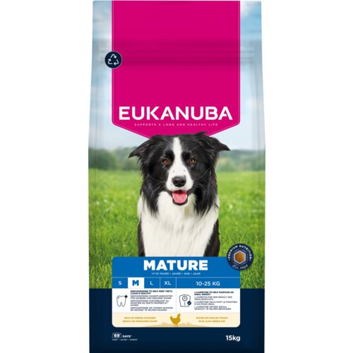 Opakowanie karmy dla psa z widocznym logo "EUKANUBA" oraz napisem "SUPPORTS A LONG AND HEALTHY LIFE". Na dole opakowania znajduje się informacja "MATURE", a także szczegóły dotyczące wagi psa "10-25 KG" i wieku "7+ YEARS", oraz ikony przedstawiające zęby,