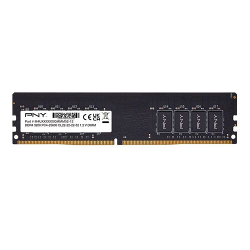 Czarny moduł pamięci RAM z widocznym logo "PNY" oraz białą naklejką zawierającą tekst: "Part # M4UXXXXXXXXQMMMS2-12 DDR4 3200 PC4-25600 CL22-22-22-52 1.2V DIMM". Na module znajdują się również oznaczenia CE i UKCA.