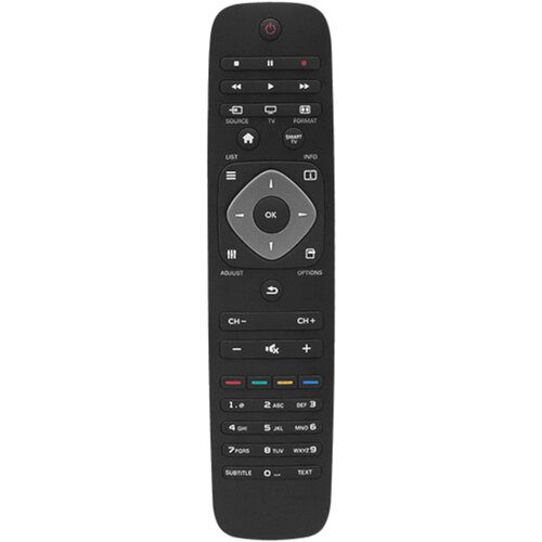 Czarny pilot uniwersalny z przyciskami do obsługi telewizora, w tym przyciski z symbolami: włączania, nawigacji, regulacji głośności, zmiany kanałów oraz kolorowe przyciski funkcyjne. Widoczne napisy to m.in.: "SOURCE", "TV", "FORMAT", "LIST", "INFO", "AD