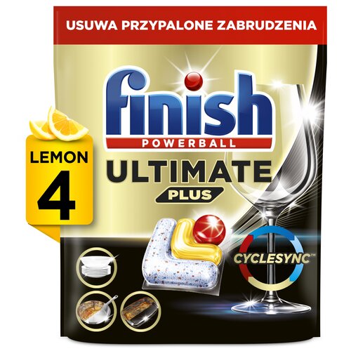 Opakowanie kapsułek do zmywarek z napisem "finish POWERBALL ULTIMATE PLUS" oraz "USUWA PRZYPALONE ZABRUDZENIA". Widoczne są również symbole talerzy, przypalonych zabrudzeń i kieliszka, a także oznaczenie "LEMON 4" i "CYCLESYNC".
