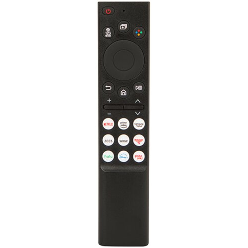 Czarny pilot z przyciskami, w tym kolorowymi i oznaczonymi ikonami oraz tekstem, takimi jak "NETFLIX", "prime video", "ZEE5", "WWW", "YouTube", "hulu", "disney+", "globo play". Na górze znajduje się przycisk z czerwoną ikoną włączania/wyłączania.