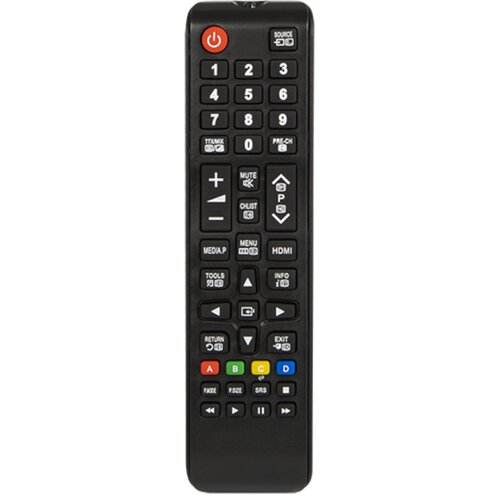 Czarny pilot z czerwonym przyciskiem zasilania u góry, zawierający numeryczne przyciski od 0 do 9 oraz przyciski funkcyjne takie jak "SOURCE", "MEDIA.P", "MENU", "HDMI", "TOOLS", "INFO", "RETURN", "EXIT", a także kolorowe przyciski A, B, C, D. Na pilocie 