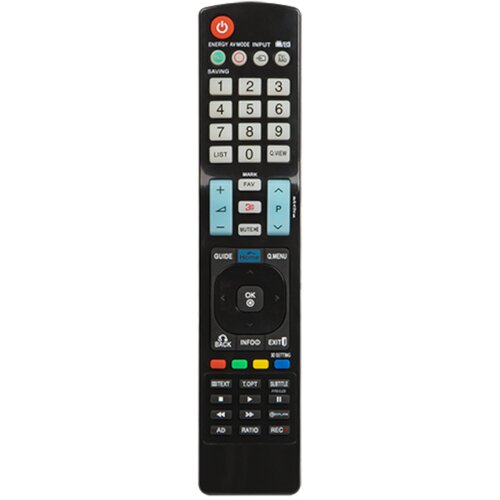 Czarny pilot z czerwonym przyciskiem zasilania na górze, poniżej znajdują się przyciski numeryczne oraz funkcjonalne, takie jak "LIST", "Q.VIEW", "GUIDE", "Q.MENU", a także kolorowe przyciski i przyciski nawigacyjne z centralnym przyciskiem "OK". Na piloc